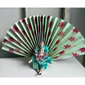 Vintage Porcelain Jester Clown Doll with Decorative Fan – Harlequin Figurine